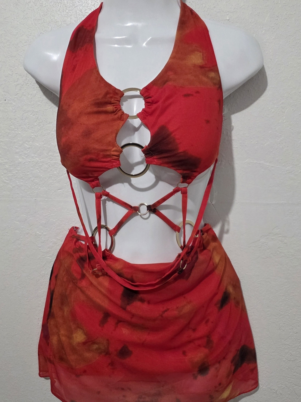NWT Windsor Orange Red Abstract Mesh O-Ring Cutout Halter Mini Dress - XS